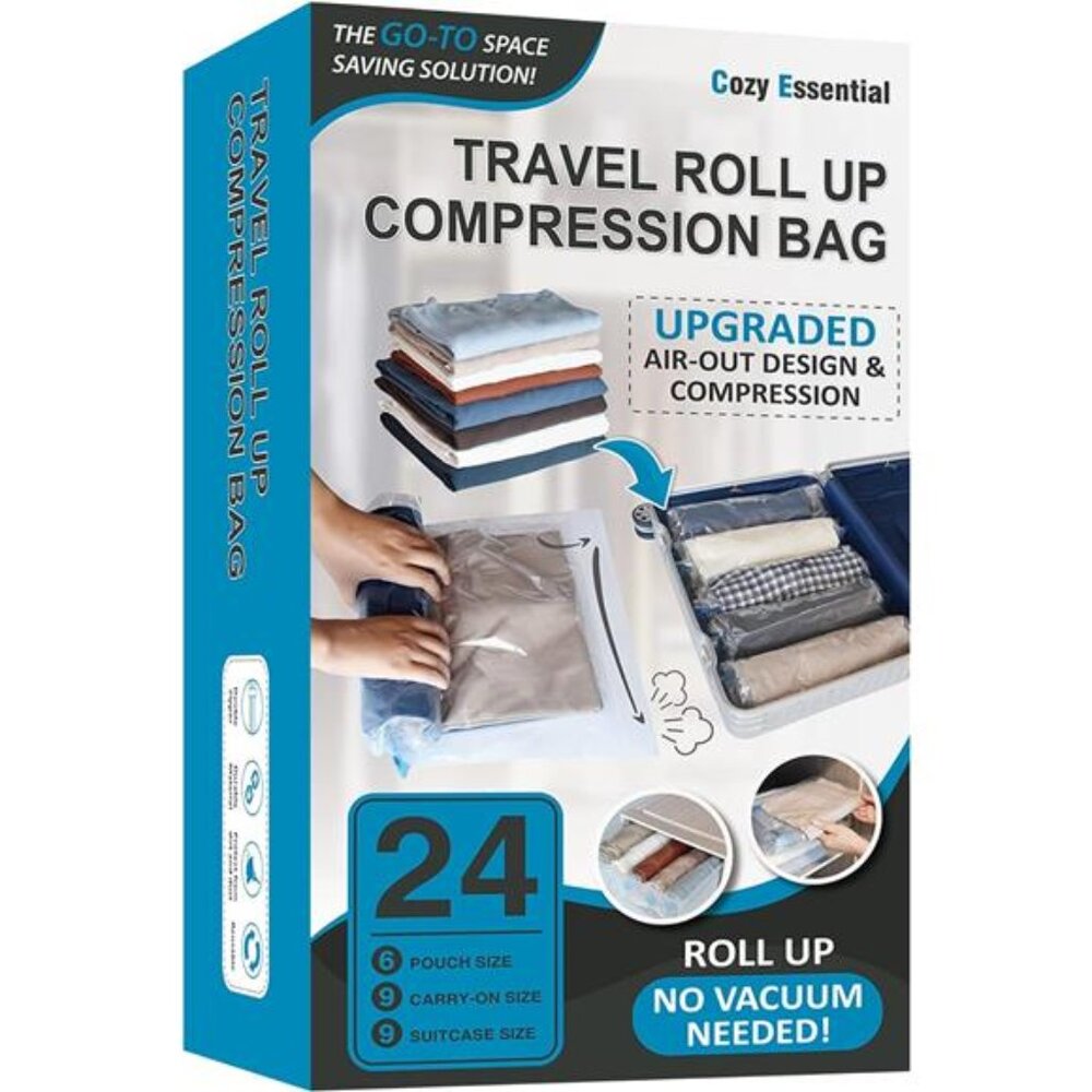 24 Travel Compression Bags, Roll Up Travel Space Saver Bags for Luggage